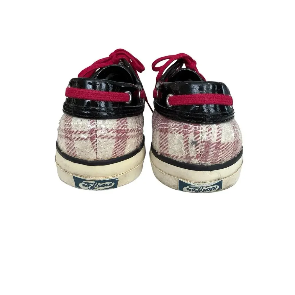 Size 9 Sperry Top Sider Seamate Red Plaid Sequins Black Patent Boat Shoes Womens